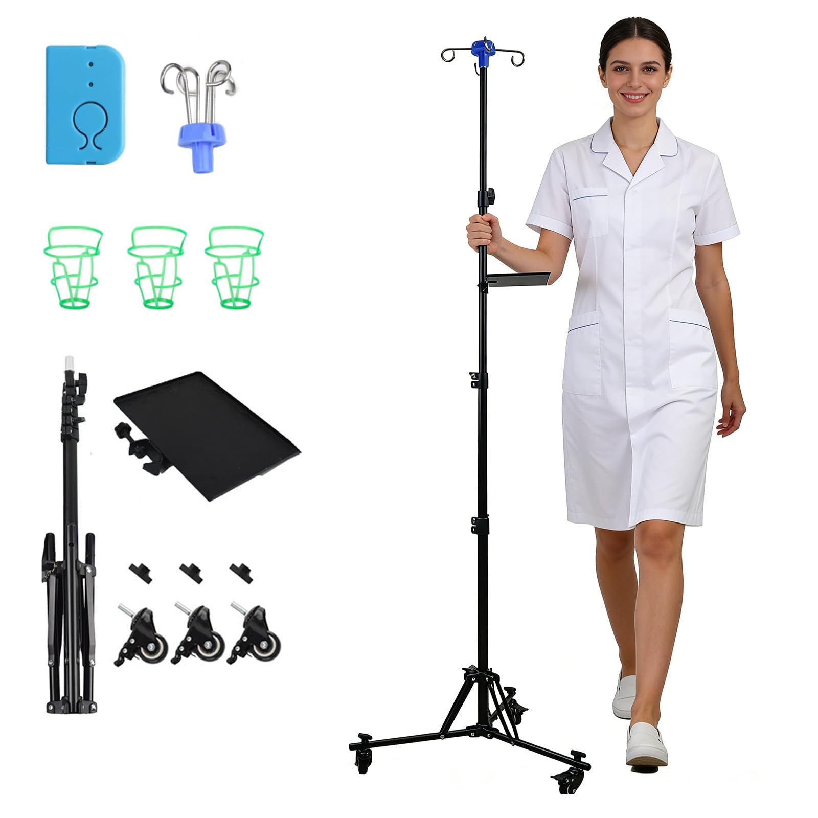 Support à infusion avec étagère et alarme, support à infusion réglable avec roues, support pliable pour sachets d'infusion avec 4 crochets, 3 sacs en filet et 1 sac de rangement, pour hôpital et