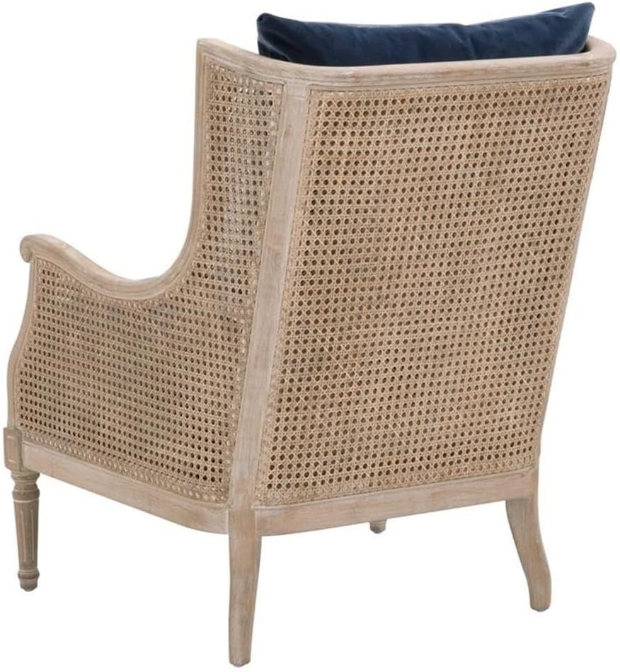 Pemberly Row Contemporary Cane Wingback Club Chair, 36" H x 29" W x 30" D, Velvet and Rattan Frame, Denim Blue Upholstery, Natural Gray Finish, Scroll Armrests, Carved Legs, Living Room Accent Chair