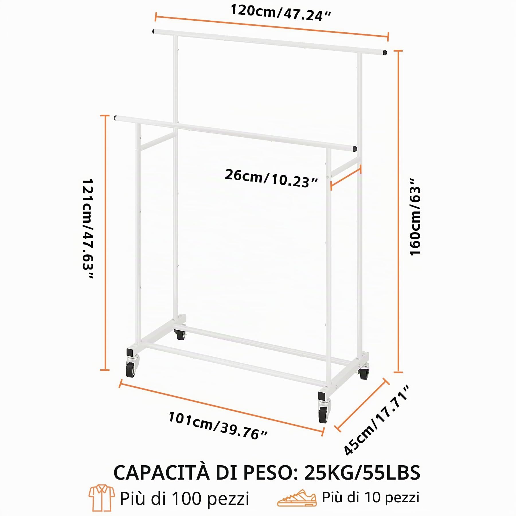 Calmootey Appendiabiti a doppia asta, appendiabiti portatile per camera da letto, soggiorno, negozio di abbigliamento, bianco