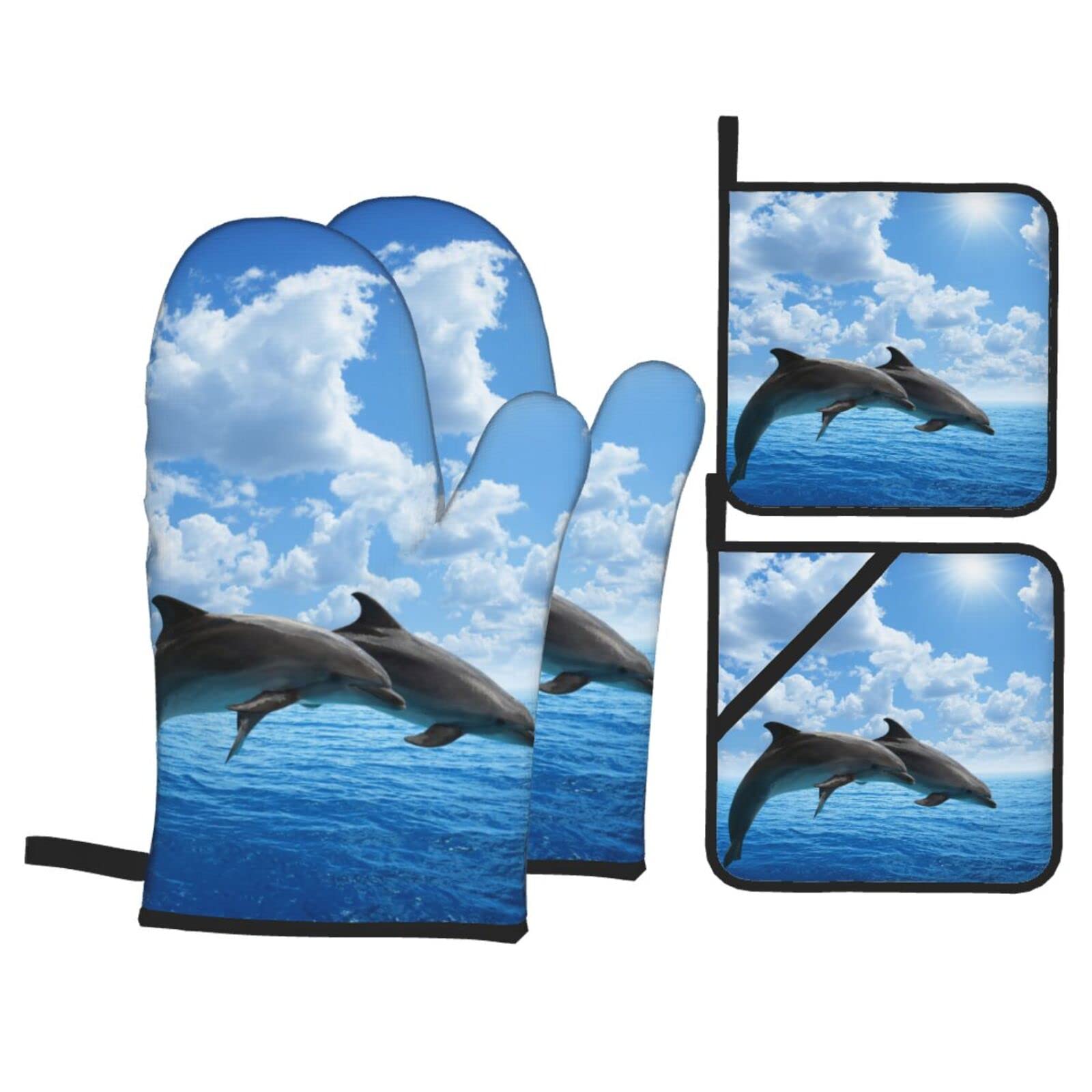 Two Dolphins Print Kitchen Baking Four Piece Set of Heat Resistant Thick Cotton Oven Mitts for Cooking, Baking and Grilling