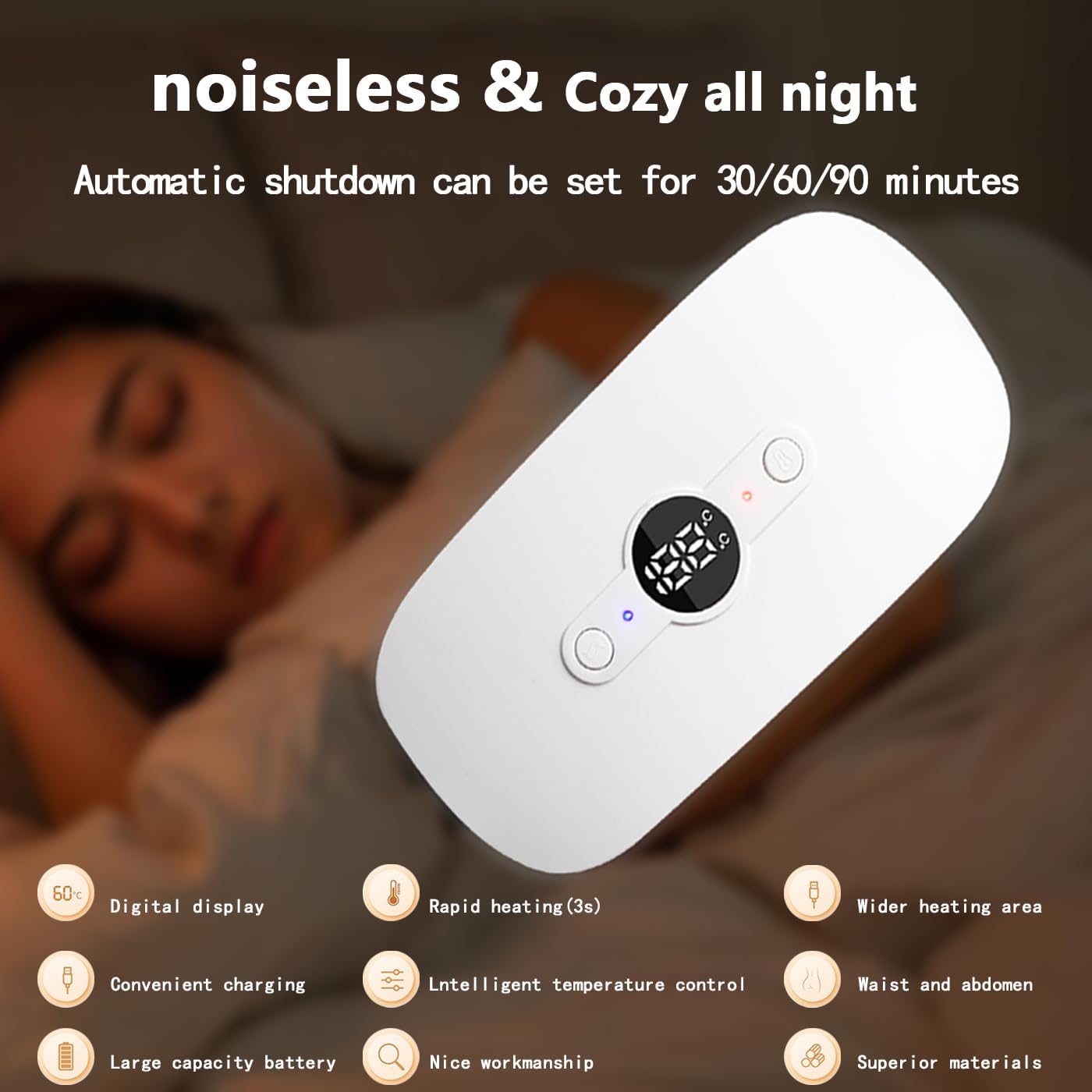 Portable Menstrual Heating Pad, Cordless Design with 5000mAh Battery, 6 Heat Levels and 6 Massage Modes for Cramps Relief - Gift for Women and Girls (White)