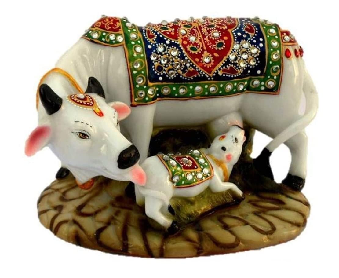 KML Crafts Villa Handicraft Decorative Marble dust Polyresin Kaamdhenu Cow with Calf