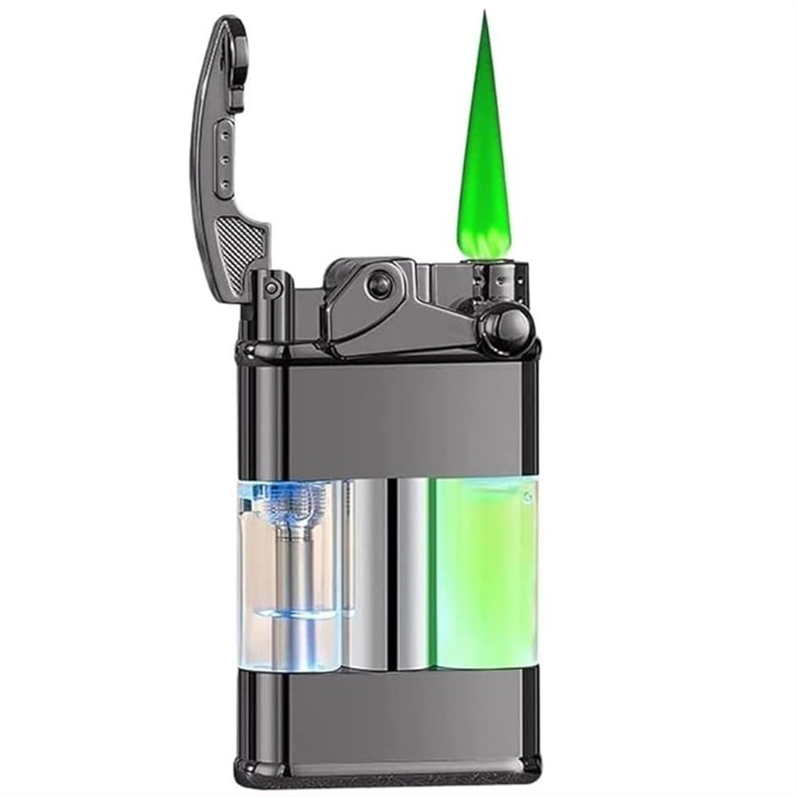 Jcfhqghr A Windproof Green Metal Lighter, Reusable, Djustable Flame, Transparent Gas Chamber, Modern Style