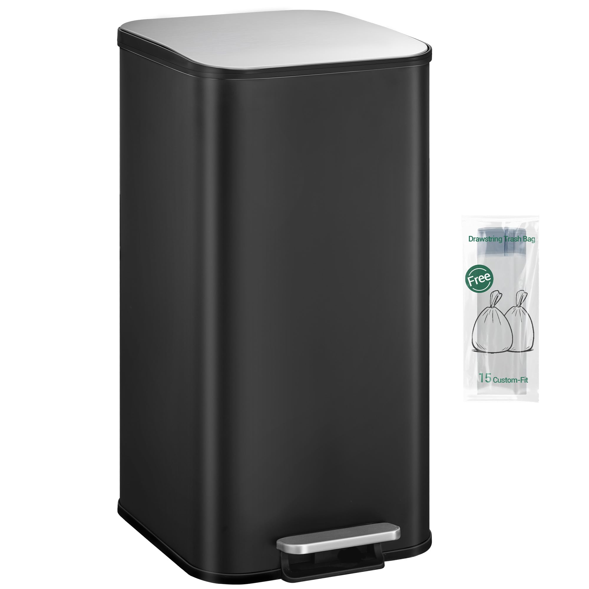 Hzuaneri Kitchen Bin 40L, Kitchen Pedal bin with Soft-Close Lid, Removable Inner Buckets, Recycling Bins with 15 Trash Bags, Black SW14099B