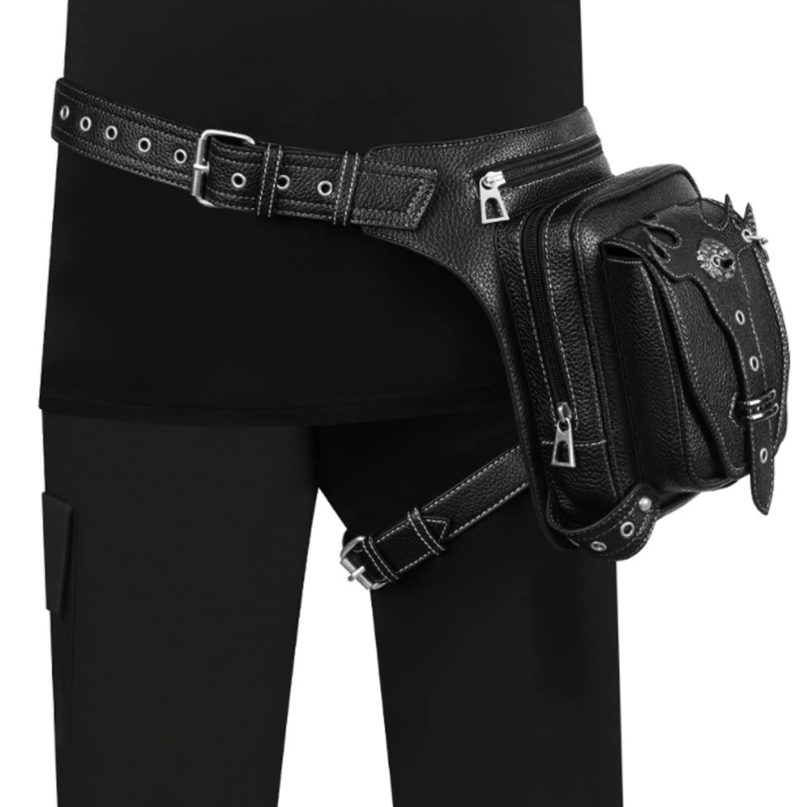 Punk Tactique Jambe Bras Sacs Banane Ville Sport Sac À Bandoulière Faux Cuir Sac Pack Ceinture pour Randonnée Camping Vélo Sport en Plein Air Waist Leg Shoulder Bag Noir (Dragon)