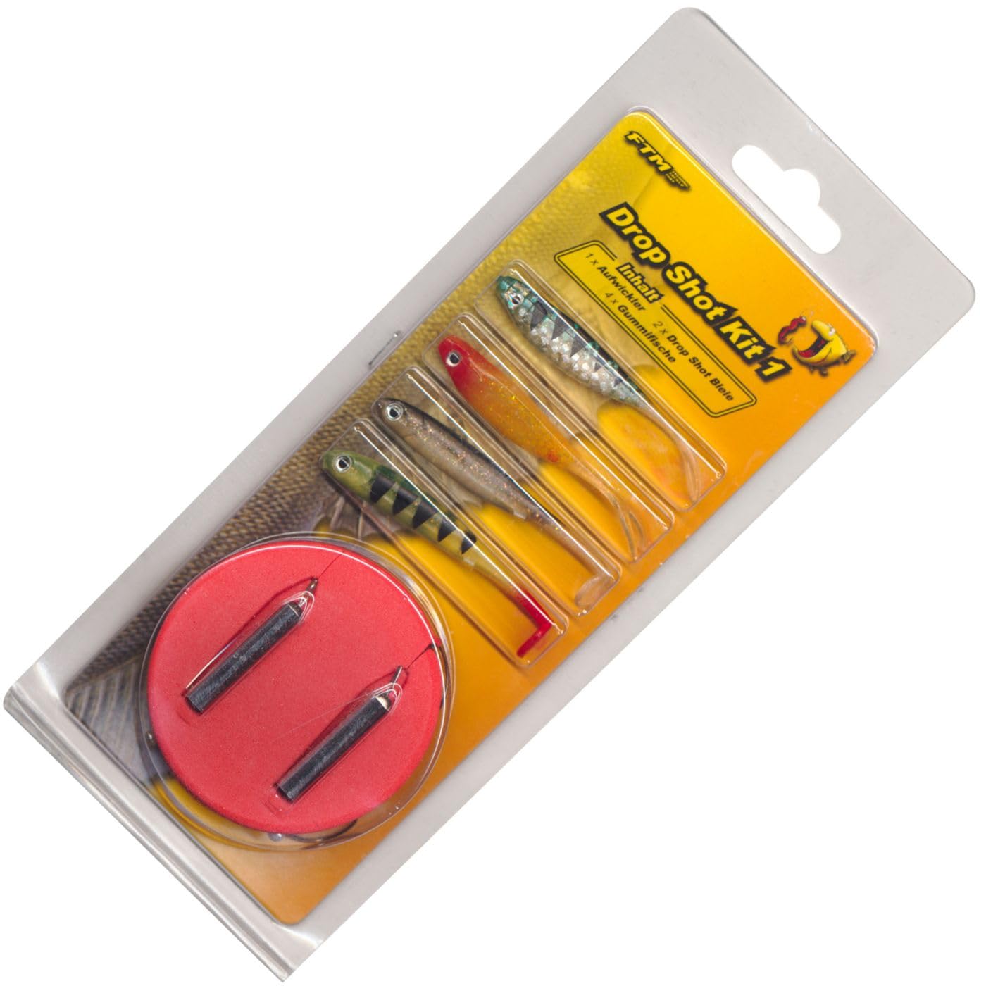 FTM Unisex - Adult 10C8071444C10 Drop Shot Kit-4 Rubber Fish + 2 Leads for Dropshot Fishing, Bait Set for Bass Fishing, Bass Bait, Rubber Bait for Spin Fishing, Colourful, Normal