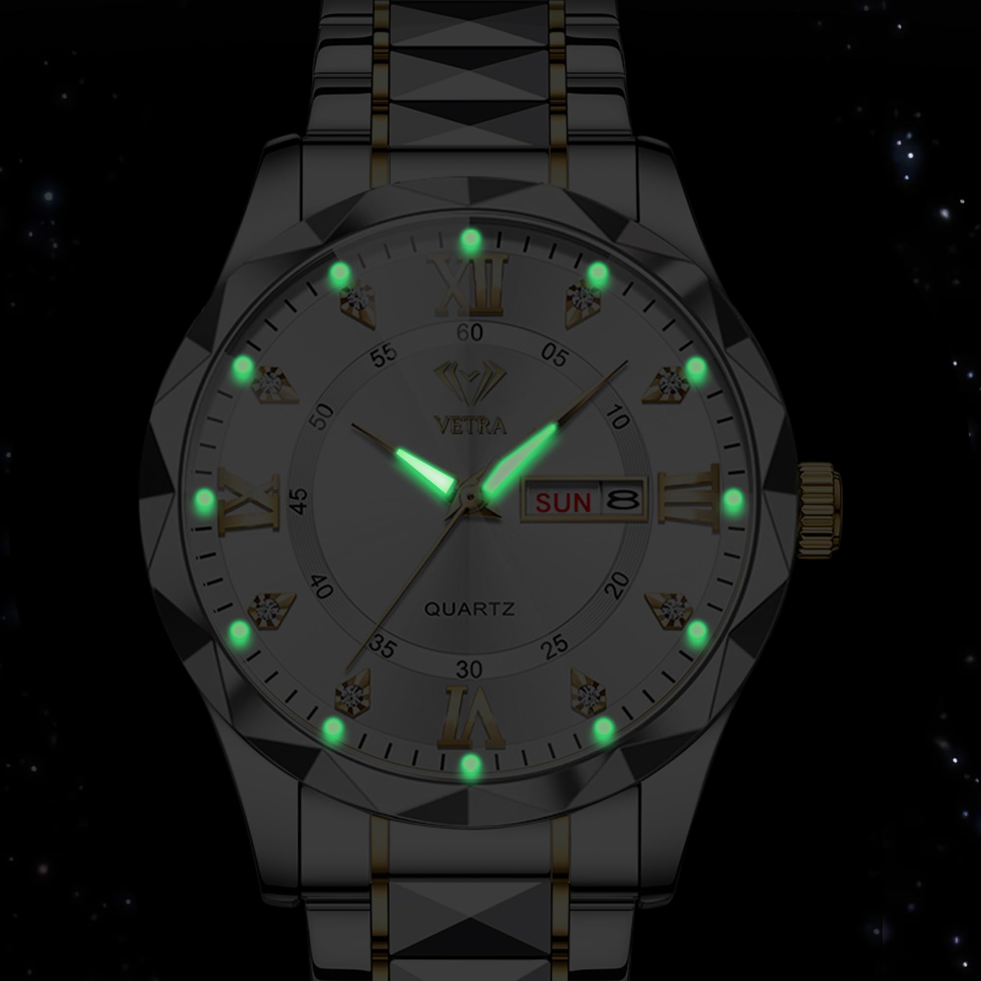 Vetra Herren-Armbanduhr, luxuriös, klassisch, mit Diamanten, modisches Edelstahlband, wasserdicht, leuchtend, Tag und Datum, modisch, minimalistisch, Geschenk für Männer