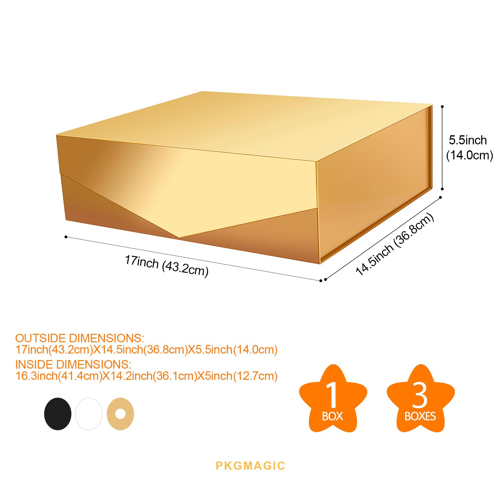 PKGMAGIC 3 große Geschenkboxen, extra groß, 43,2 x 36,8 x 14 cm, goldfarben, für Urlaub, Hochzeit, Geburtstag