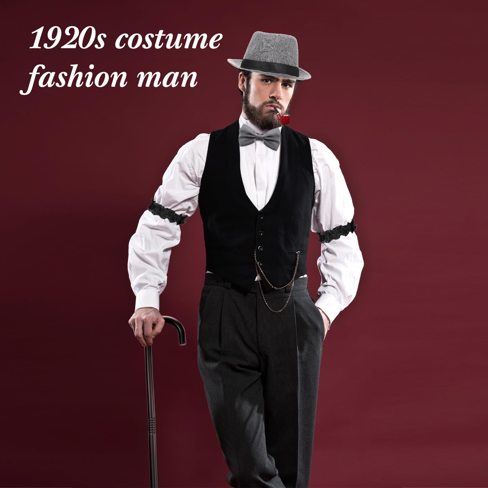 Hestya Tenue des Années 20 pour Homme avec Gilet Chapeau Fédora Bretelles Nœud Papillon Montre de Poche Vintage