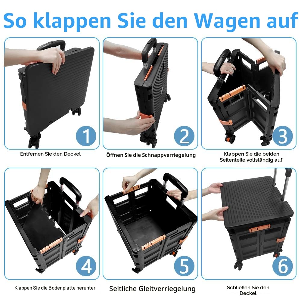 Faltbare Einkaufstrolley-Box auf Rädern mit Deckel, verschleißfester, geräuschloser 360 ° -Drehung und verstellbarem Kofferraumwagen aus Aluminiumlegierung, Tragkraft 45 kg Tragbarer langlebiger