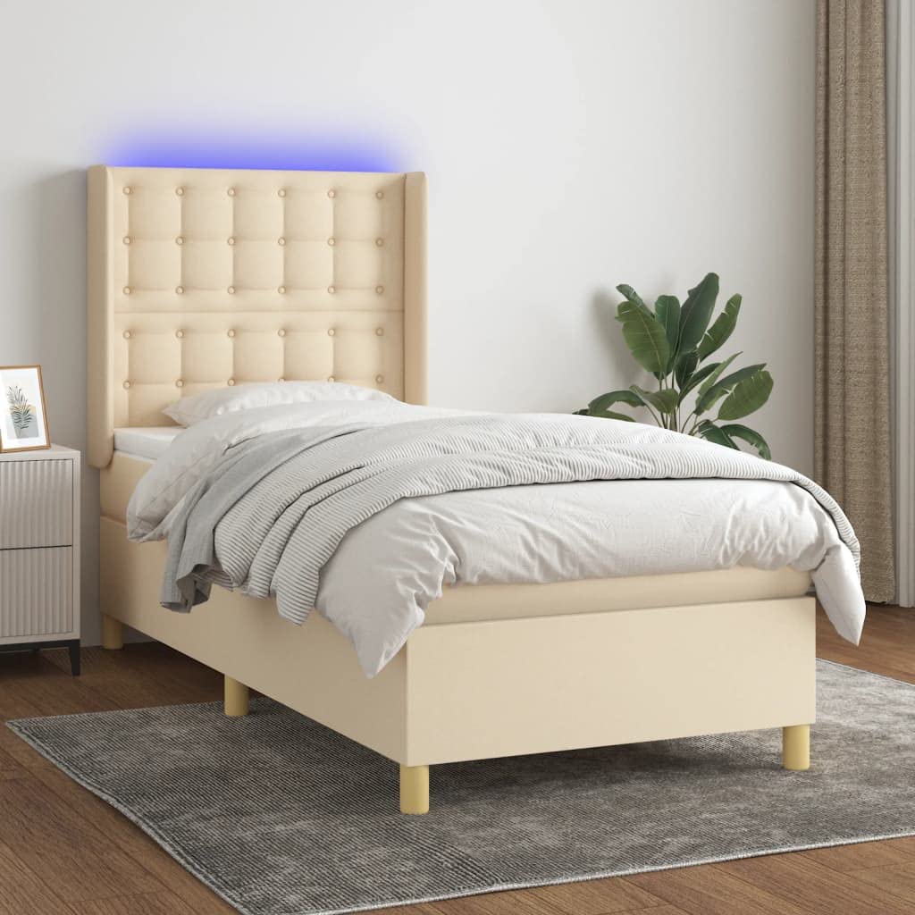 tkanina LED regulowany zagłówek kontynentalne 90x200 kremowy | Łóżko kontynentalne z materacem kremowe 90x200 cm tkanina z diodami LED do sypialni