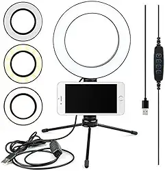 Ring Light LED 6” com Tripé de Mesa e Suporte para Celular | Iluminador Circular com 3 Modos de Cor e 10 Níveis de Brilho para Fotos, Vídeos, Lives e Maquiagem
