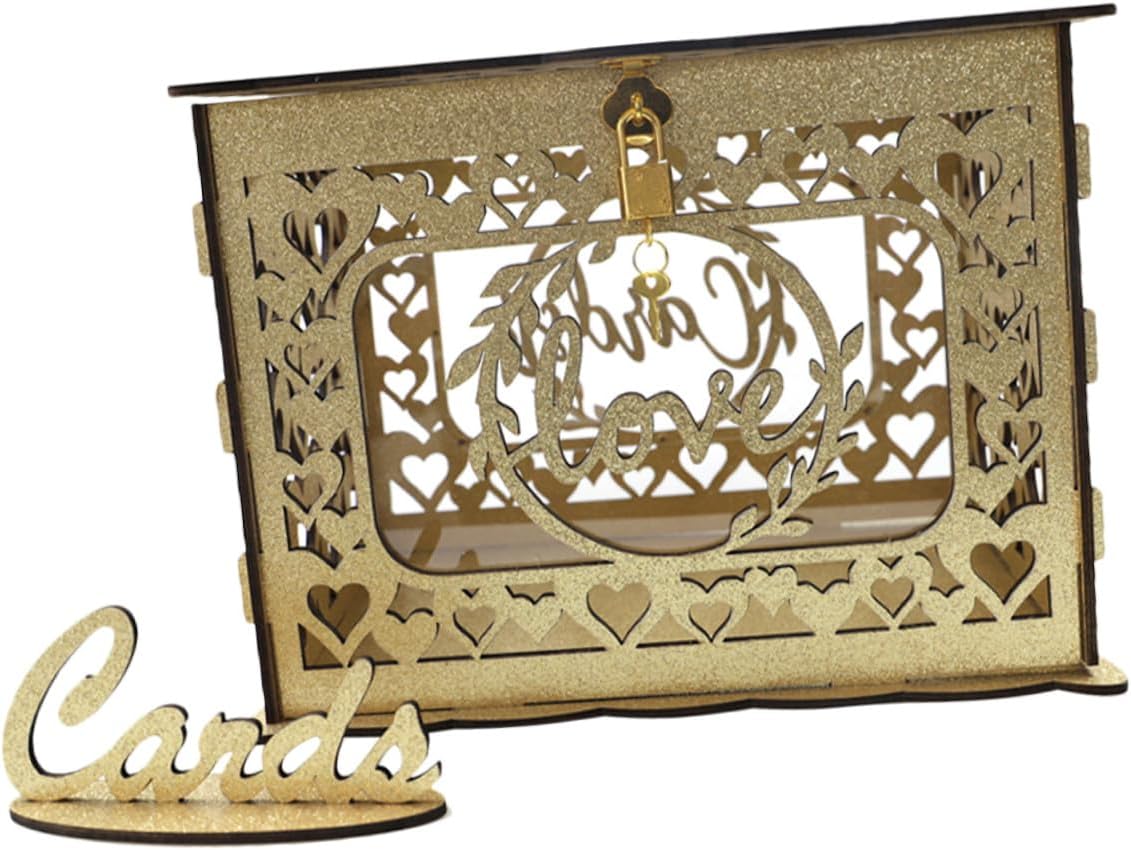 Wooden Hollow Glitter Card Box Wedding Envelope Money Holder Storage Box for Birthday Valentine’s Day Party Decoration