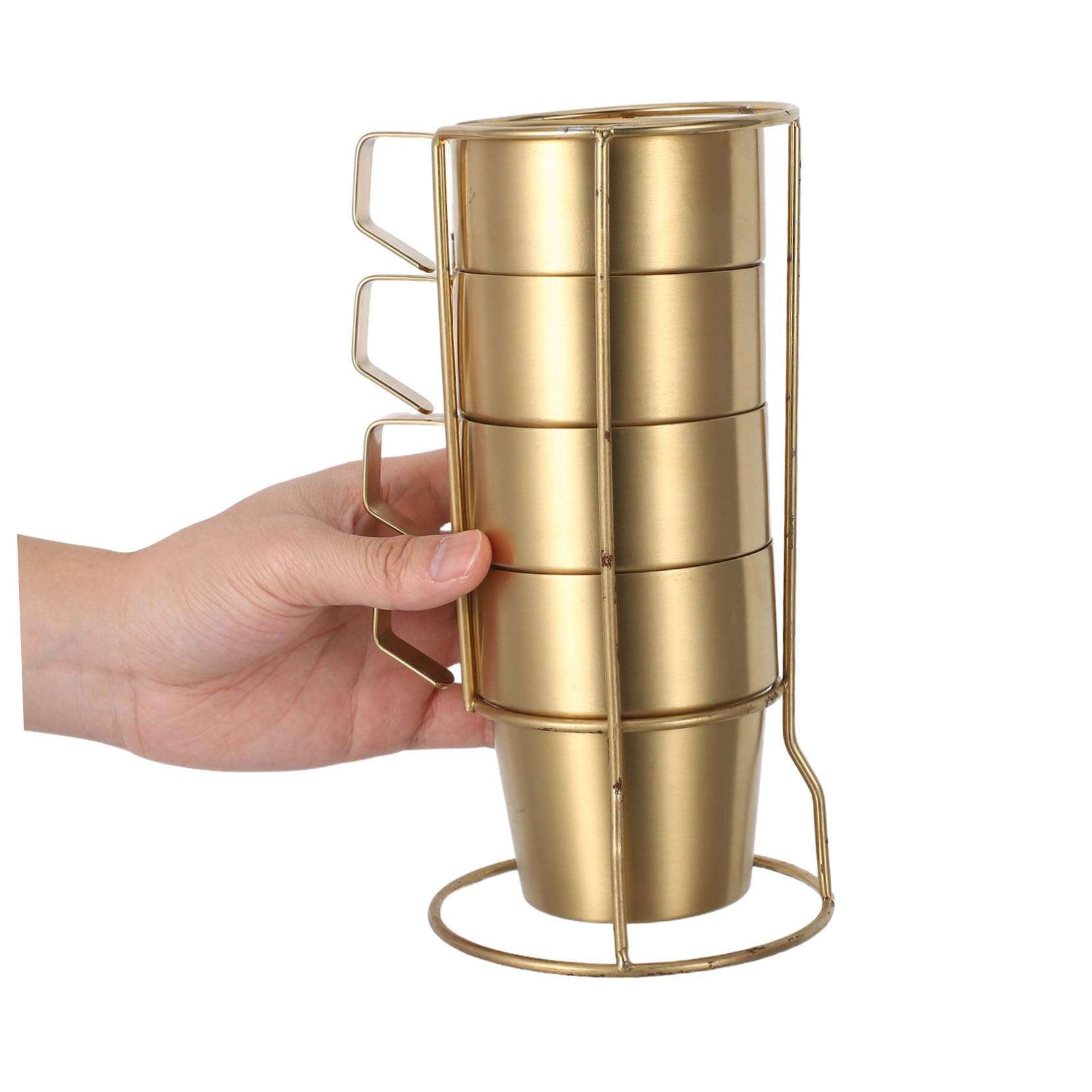 NUOBESTY Juego de Tazas de Acero Inoxidable 300ml con Asa, Doble Pared | Apilables con Rejilla, Color Dorado, para Camping y Aventuras al Aire Libre, Aptas para Bebidas