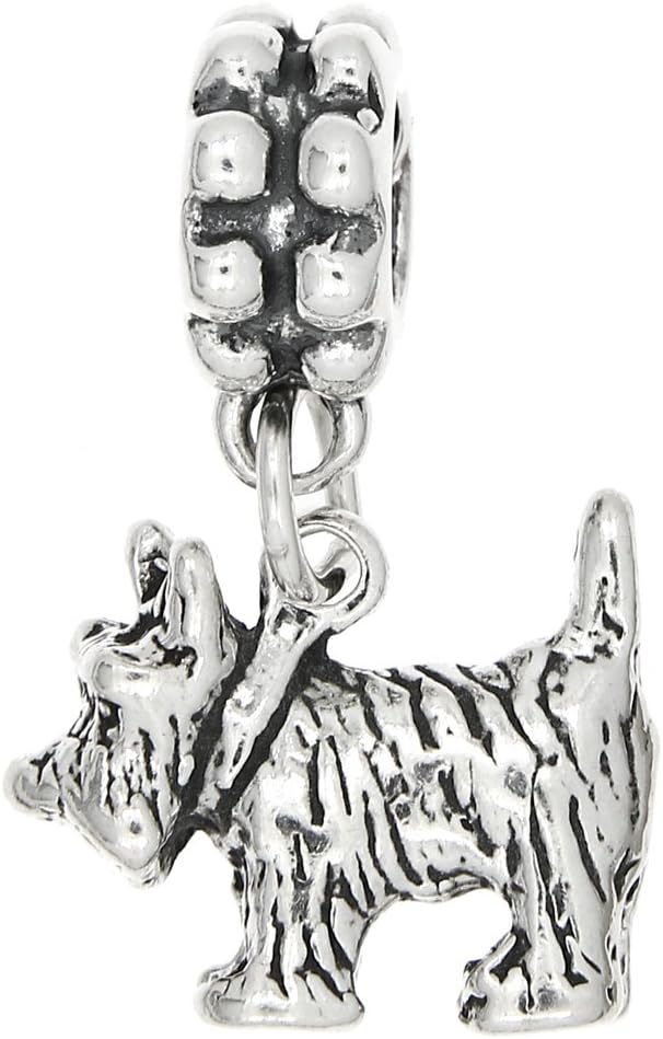 LGU Sterling Silver Oxidized 3D Scottie Dog Scottist Terrier with Collar Dangle Bead Charm