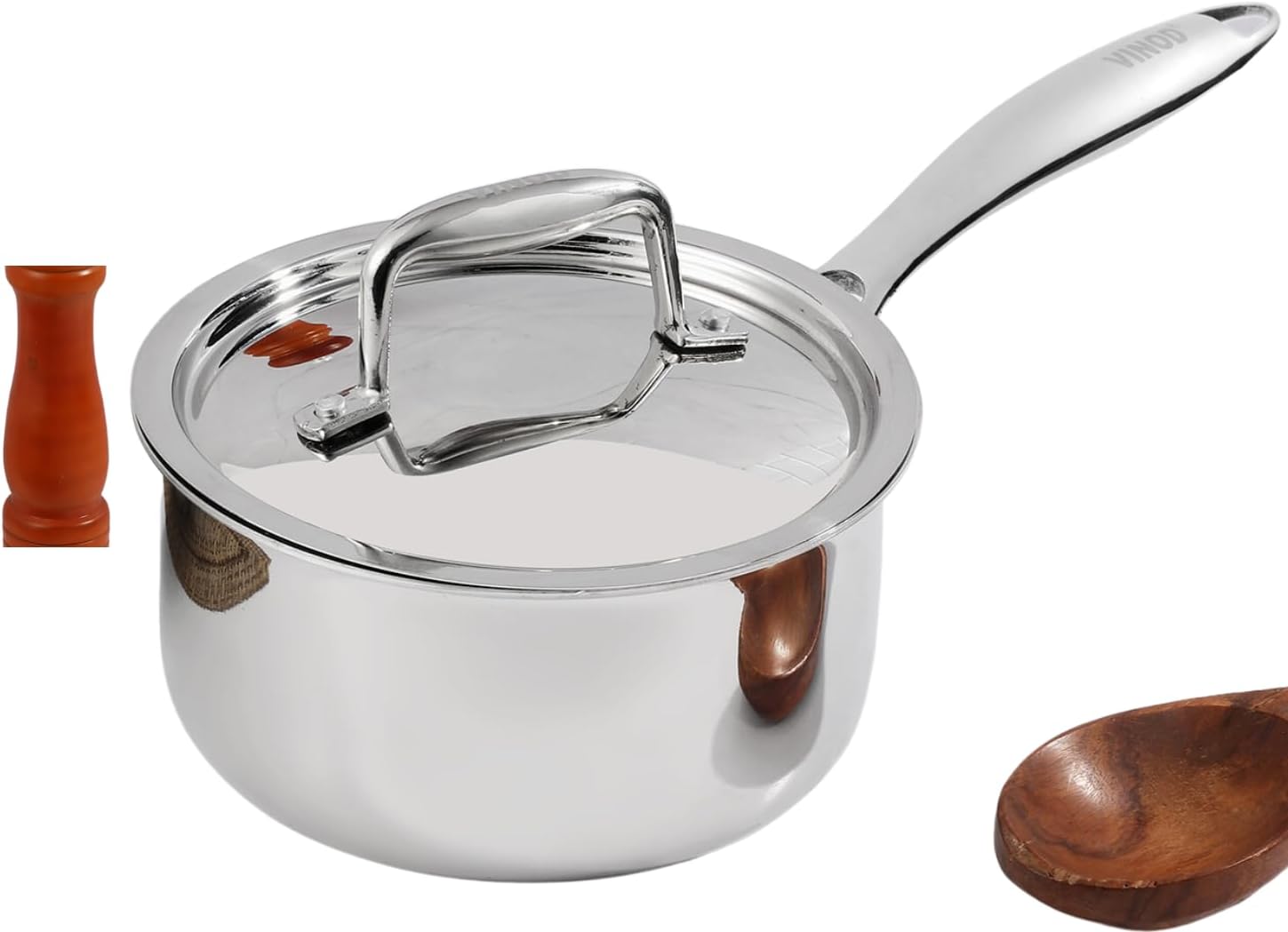 Vinod Platinum Triply Stainless Steel Saucepan with Lid - 1.2 litres (14 cm) | 2.5 mm Thick | Tea, Chai Pan | 5 Year Warranty | Induction & Gas Friendly, Heavy Bottom - Silver