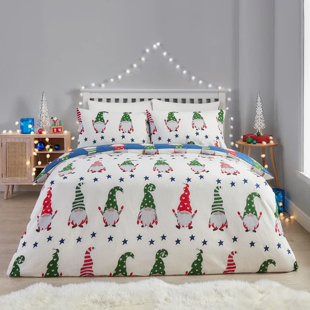 Fusion Set copripiumino natalizio Gnome per Natale, 100% cotone spazzolato,2 pezzi, per letto singolo, colore blu navy GFCNY11PZU