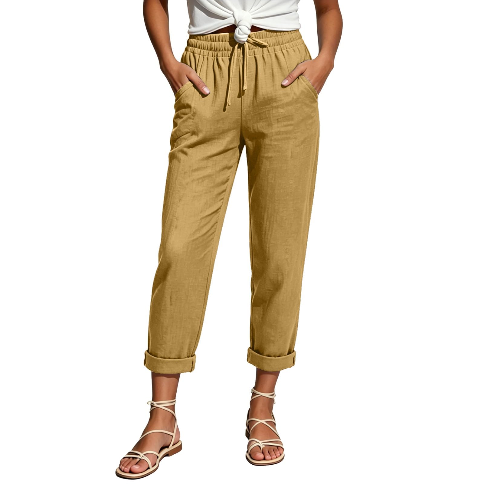 Sommer Leinenhose Damen Hohe Taille Kniehoch Musselin Hose Locker Stoffhose Leinenmisch Zugbund GesäßTaschen Einfarbige Freizeithose Für Camping EinkäUfe Und TäGliche Unternehmungen