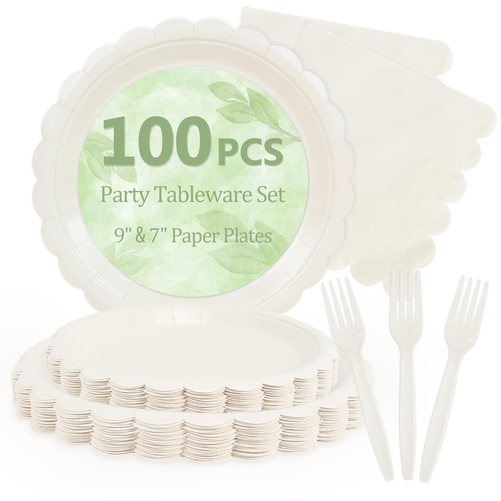 100 Cream Beige Paper Plates and Napkins Disposable for Party, 25-9"&amp;25-7"