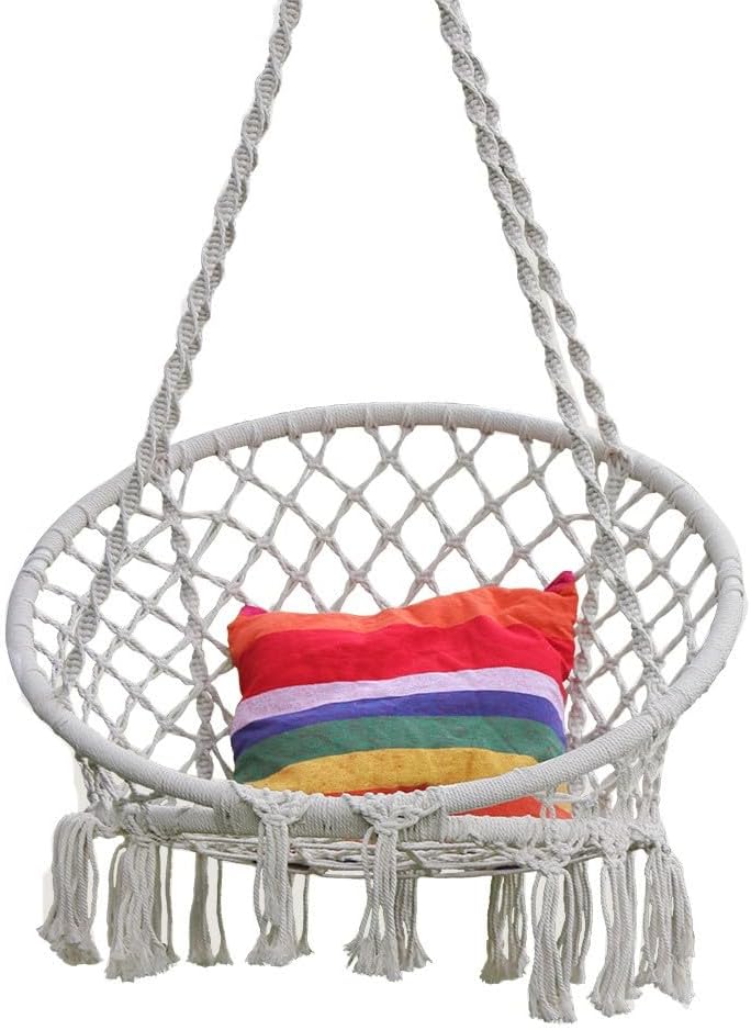 Hanging Rope Hammock Lounger Chair Macrame Porch Swing for Indoor Outdoor Home Bedroom Patio Deck Yard Garden,Include Hooks No Ceiling Mount Set