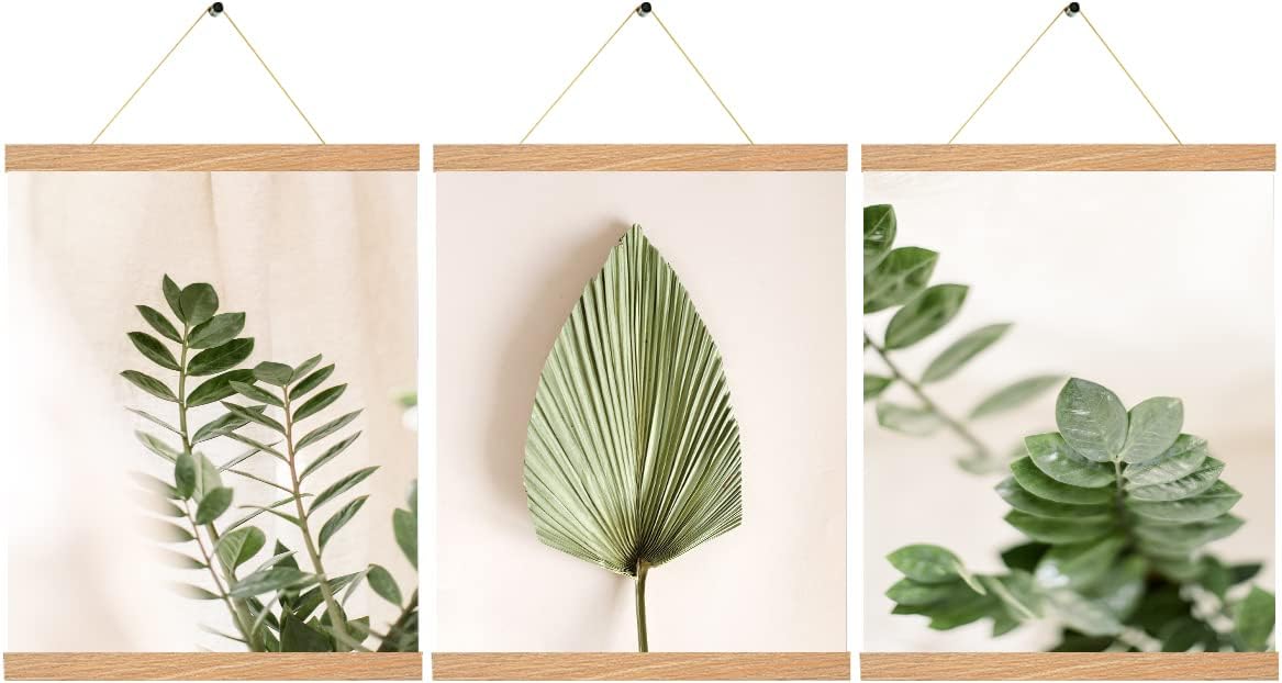 YK Artwood 3 Pack Magnetic Poster Hanger Pine Color, 12x18 12x16 12x24 Poster Frame Wood Wooden Magnet Print Posters Dowel Scroll Hanger Hangers Hanging Kit for Walls Map Canvas Artwork, DIY Canvas