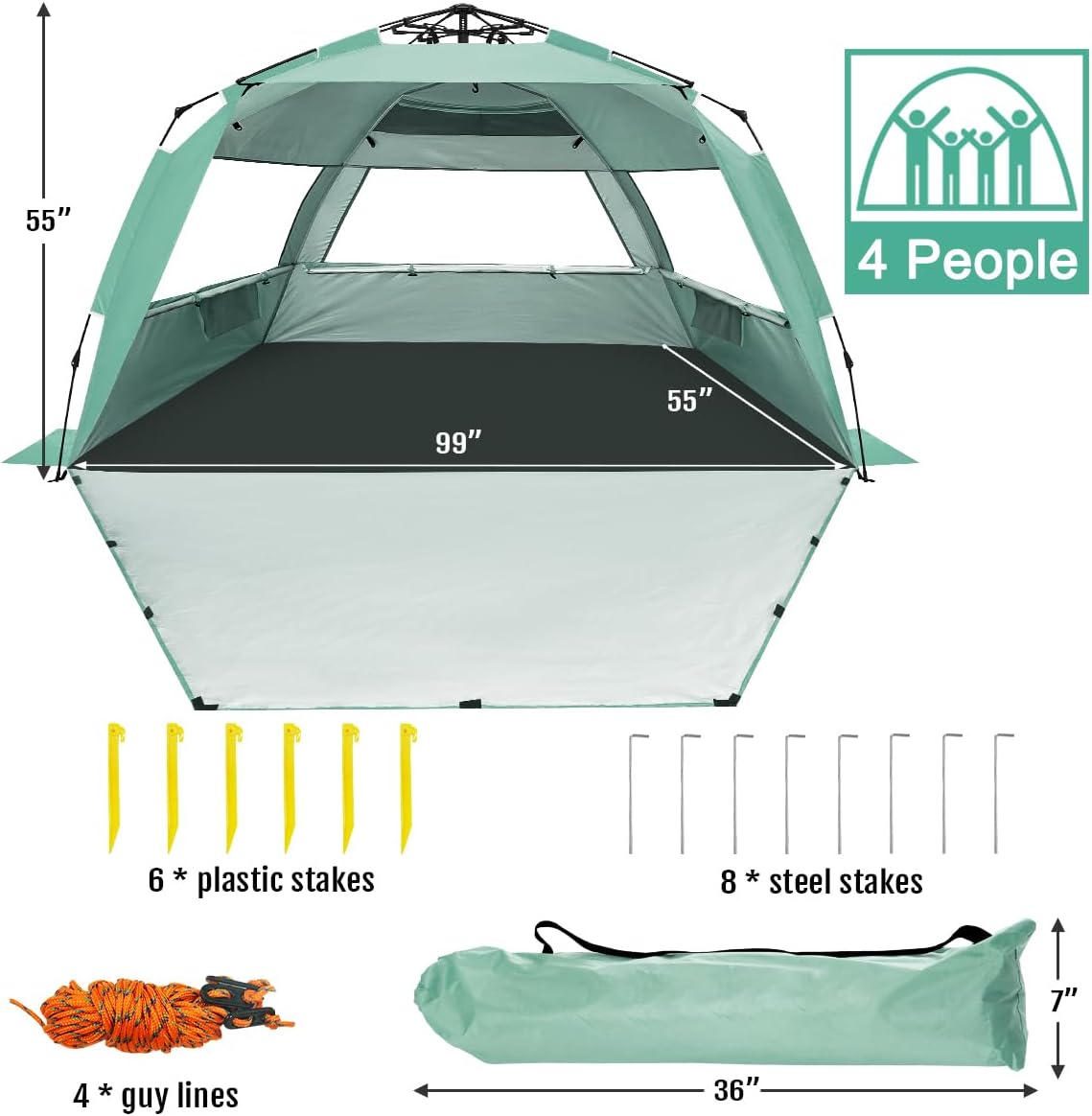WhiteFang Deluxe Pop Up Beach Tent Sun Shade Shelter for 3-4/5-6 Person, UV Protection, Extendable Floor with 3 Ventilating Windows Plus Carrying Bag, Stakes, and Guy Lines