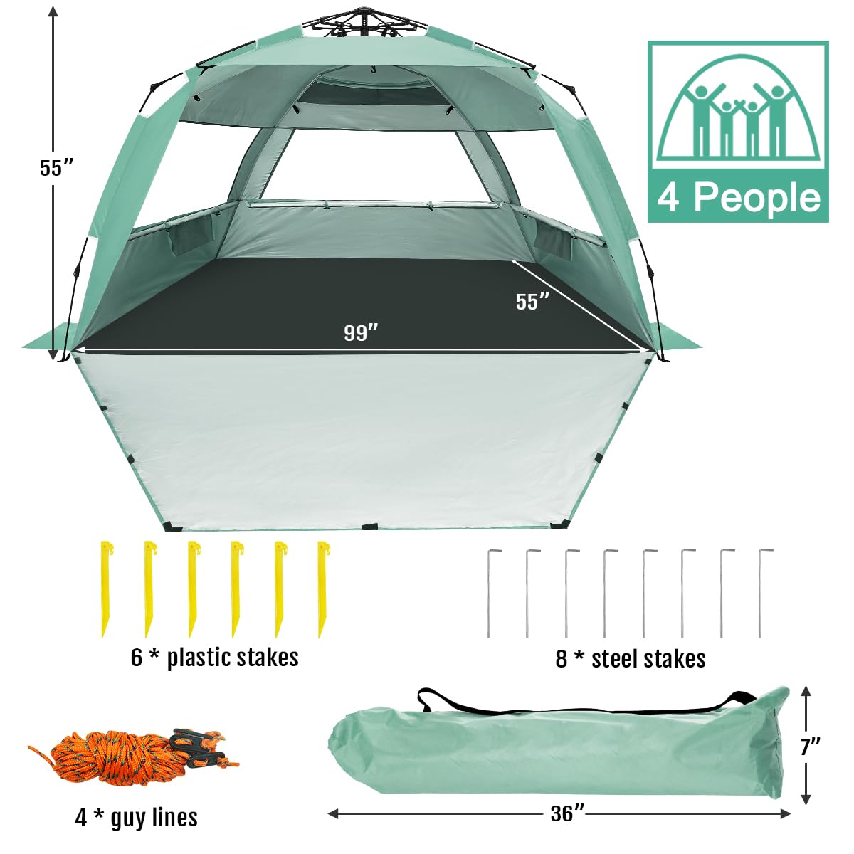 WhiteFang Deluxe Tente de plage pop up pour 3-4/5-6 personnes, protection UV, sol extensible, avec 3 fenêtres en maille aérée, Sac de transport, piquets et haubans inclus