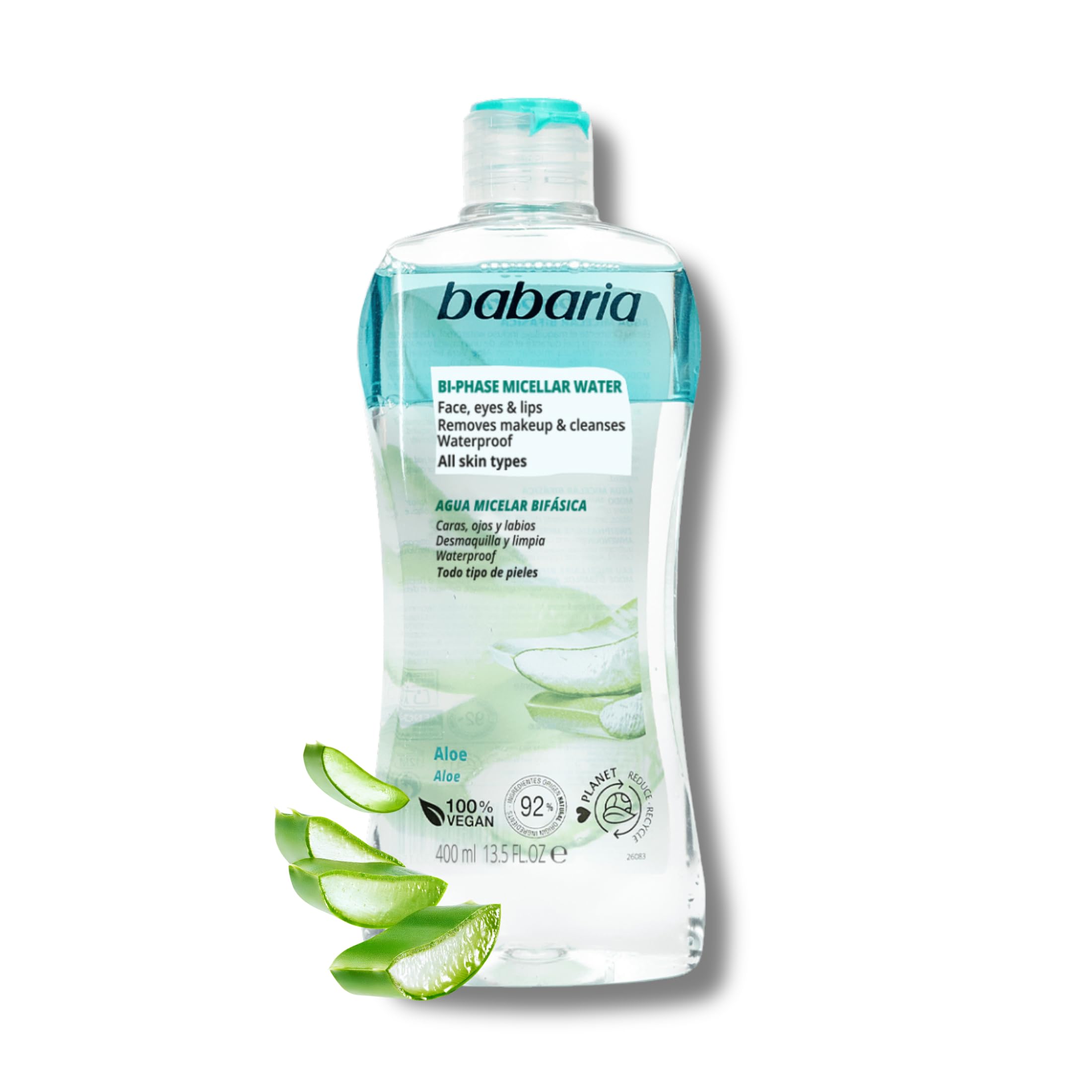 Babaria Agua Micelar Suave con Aloe Vera 400 ml Desmaquillador Ojos Cara Labios