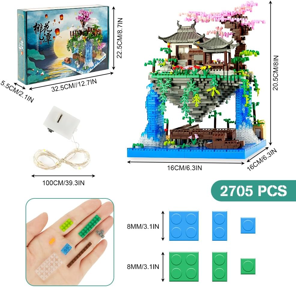 Product packaging and dimensions of the HOTUT Cherry Blossom Micro Building Block Kit