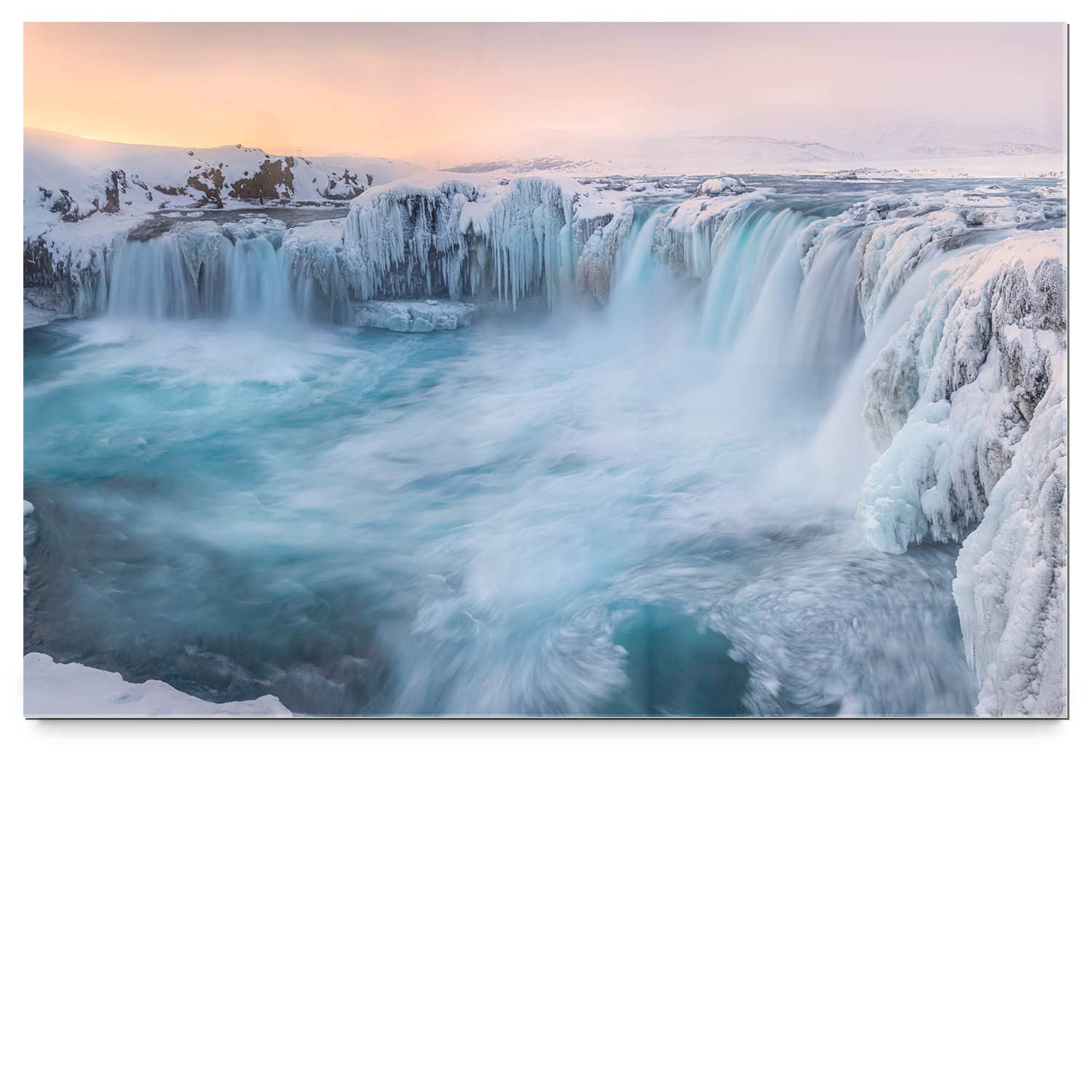 BilderKing Wandbild EIS Wasserfall Nord-Island - 120cm x 80cm Acrylglas 5mm mit Alu-Dibond Verbund + Rückrahmen