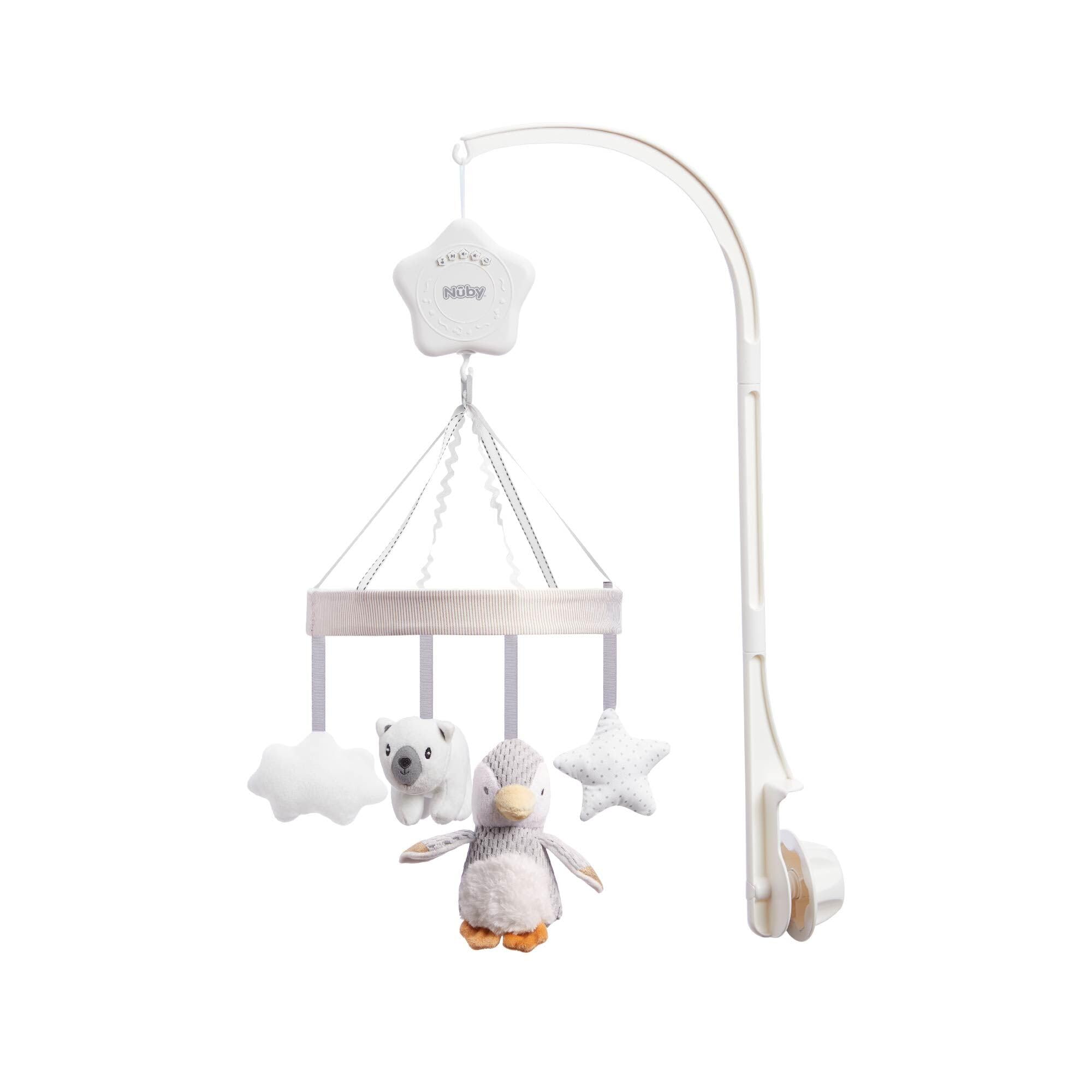 Nuby - Little Penguin - Móvil de cuna musical para bebés - Con música y suaves figuras de peluche - Gris - 0+ meses