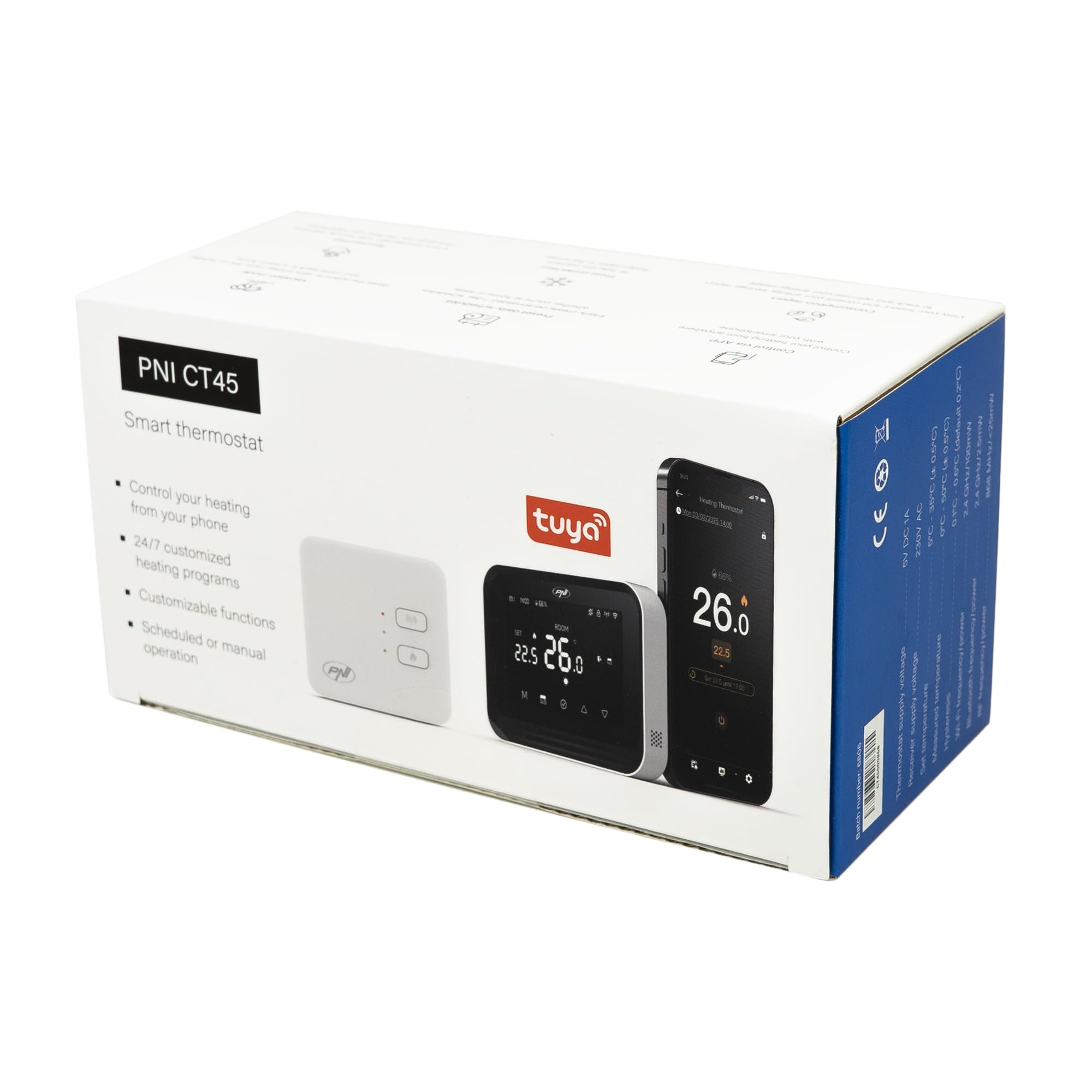 PNI Thermostat Intelligent sans Fil CT45, avec WiFi, contrôle Internet, pour systèmes de Chauffage, Application TuyaSmart, Blanc