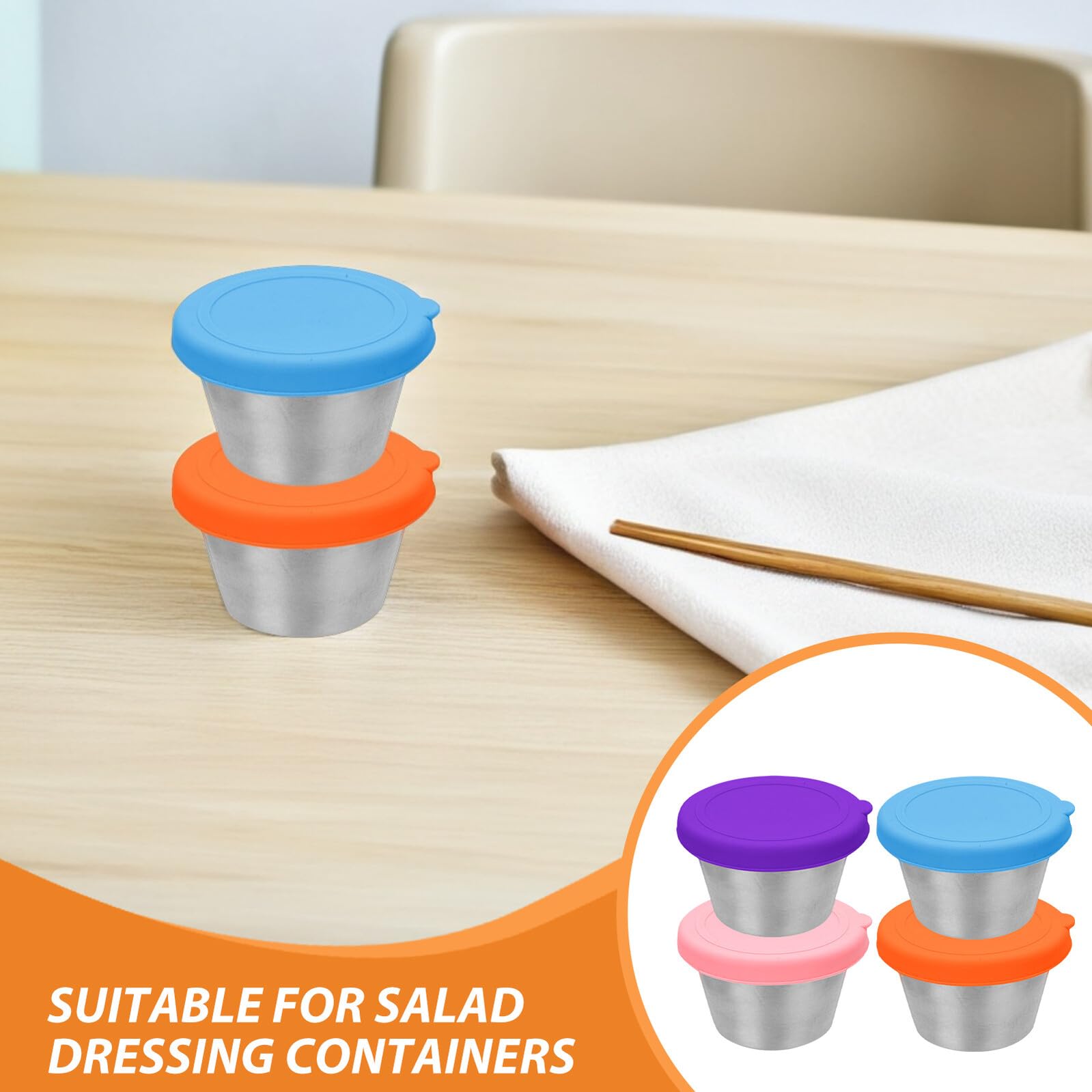 LABRIMP 8 Pièces Lot Contenants à Sauce Acier Inoxydable avec Couvercles Silicone Étanches Bols à Dip Réutilisables pour Condiments Épices et Préparation Repas Boîtes de Rangement