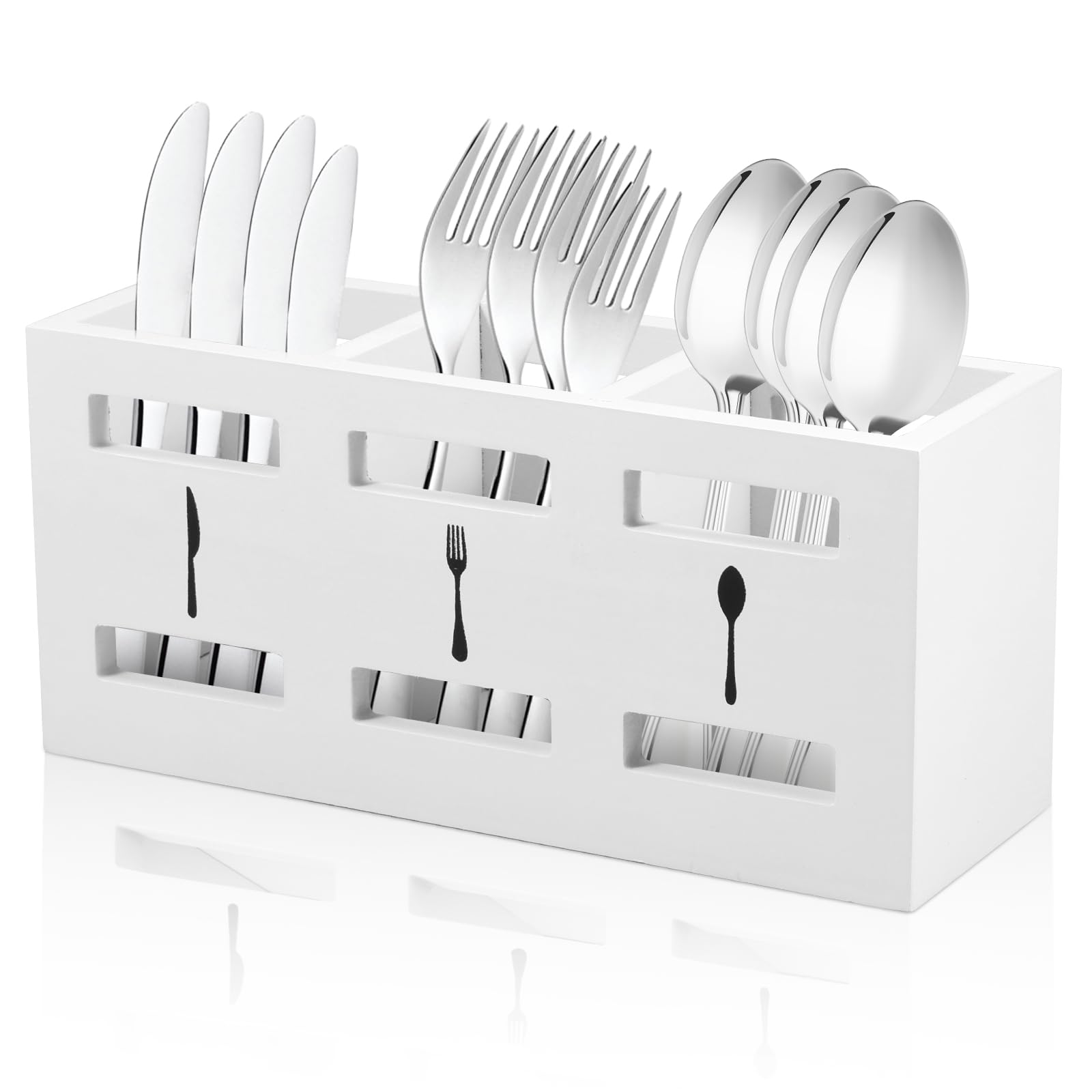 Kitchen Utensils Holder Rustic Wooden Utensil Organizer Cooking Tools Storage with 3 Compartments Large Capacity Silverware Caddy Multipurpose Wood Utensil Caddy for Countertop Farmhouse Decor(White)