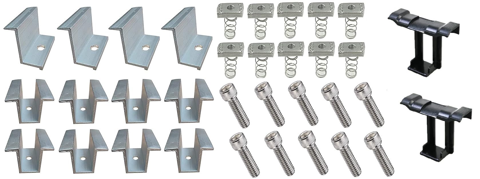 MOREL SOLAR PANEL MOUNTING MID CLAMP 38MM & SPRING NUT, ALLEN BOLTS 32MM WITH WATER DRAIN CLIP FOR SOLAR PANELS |8 MID CLAMPS & 4 END CLAMP & 10 SPRINGS NUT+10 ALLEN BOLT & 2 WATER DRAIN CLIP|