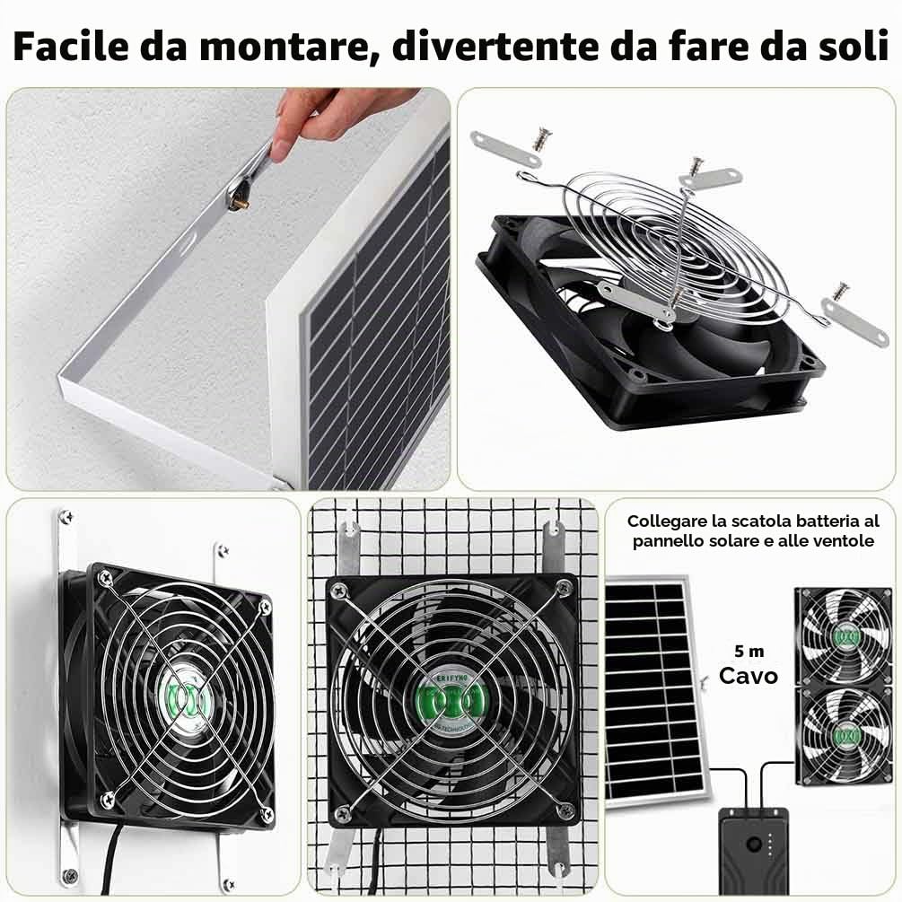 Ventilatore a energia solare con batteria, ventilatore solare ricaricabile per pollaio, serra, capannone, esterno con due ventole di aspirazione di scarico impermeabili IPX7 da 5 m con cavo