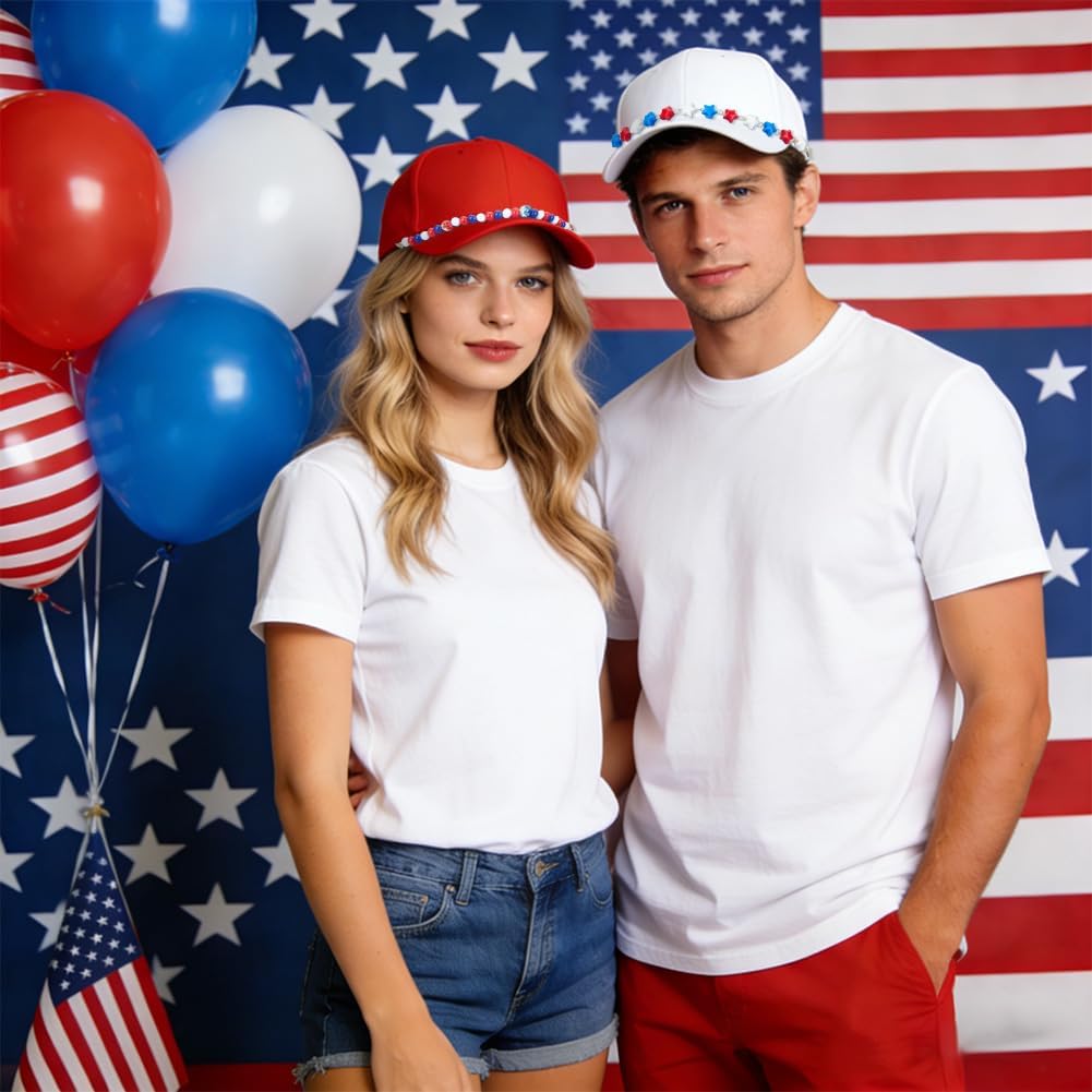 PH PandaHall 5pcs Trucker Hat Chains 4th of July Beaded Chain Polymer Clay Bead Trucker Hat Chains Flag Patriotic Stars Hats Bill Chain for Mesh Baseball Cap for Patriotic Party Events, 10.2 inch