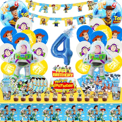 100 Pcs Story 4ans Anniversaire Vaisselle Kit, Story 4ans Décoration Anniversaire Ballon, Vaisselle Fête Comprend Flatwares, Tasses, nappes, Serviettes, Kit Décoration Fête Anniversai re