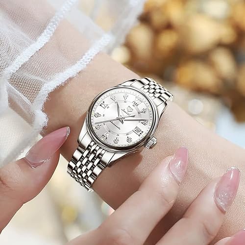 Miniatura 7 de OLEVS Relojes automáticos para mujer, de lujo, de acero inoxidable dorado y plateado, relojes de pulsera delgados mecánicos, volante mecánico, fase