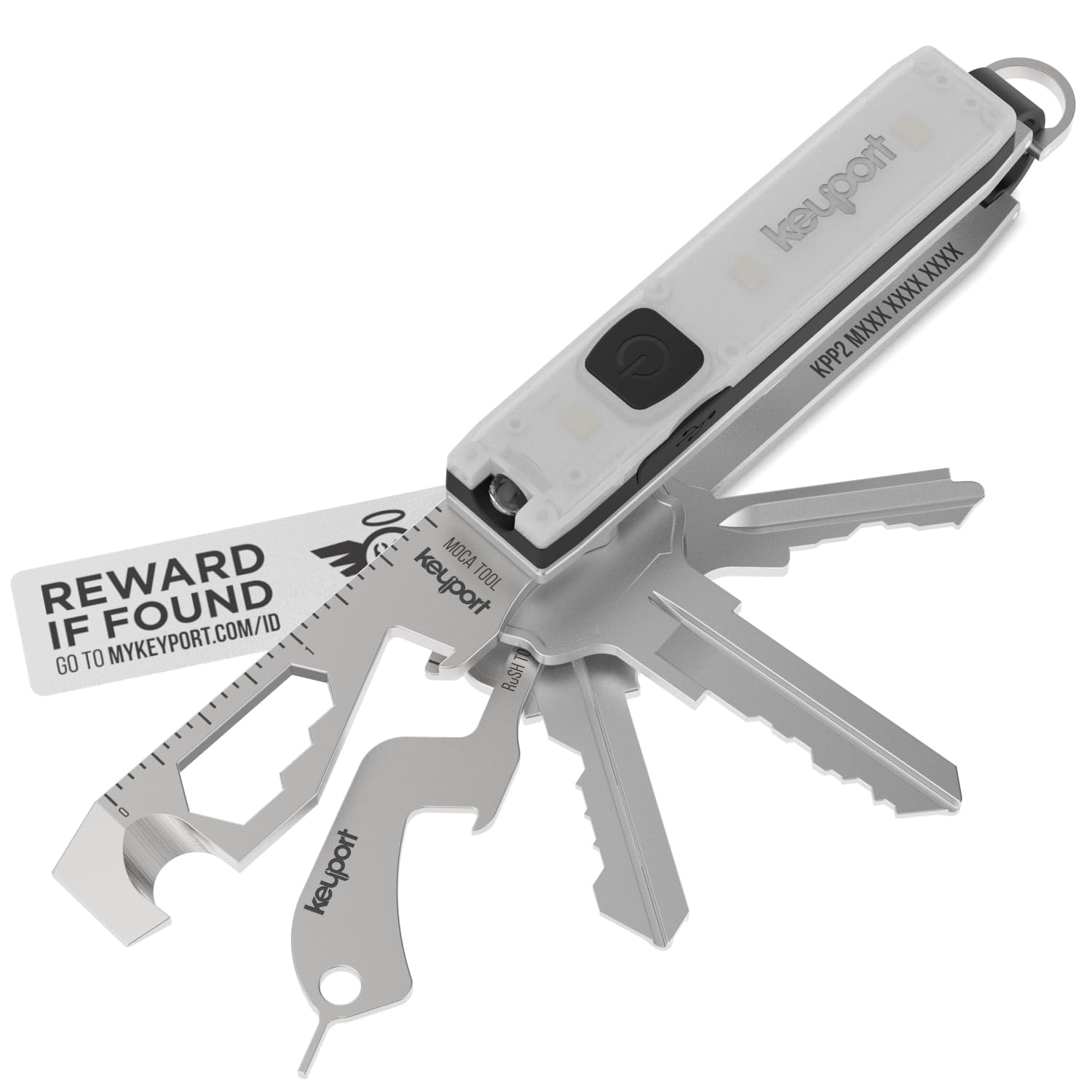 Keyport Pivot 2.0 Essential Plus Kit - Modular Key Organizer with Mini Flashlight & Multi-Tool | Compact EDC Key Holder | Sleek Keychain Alternative with KeyportID Lost & Found (Silver)