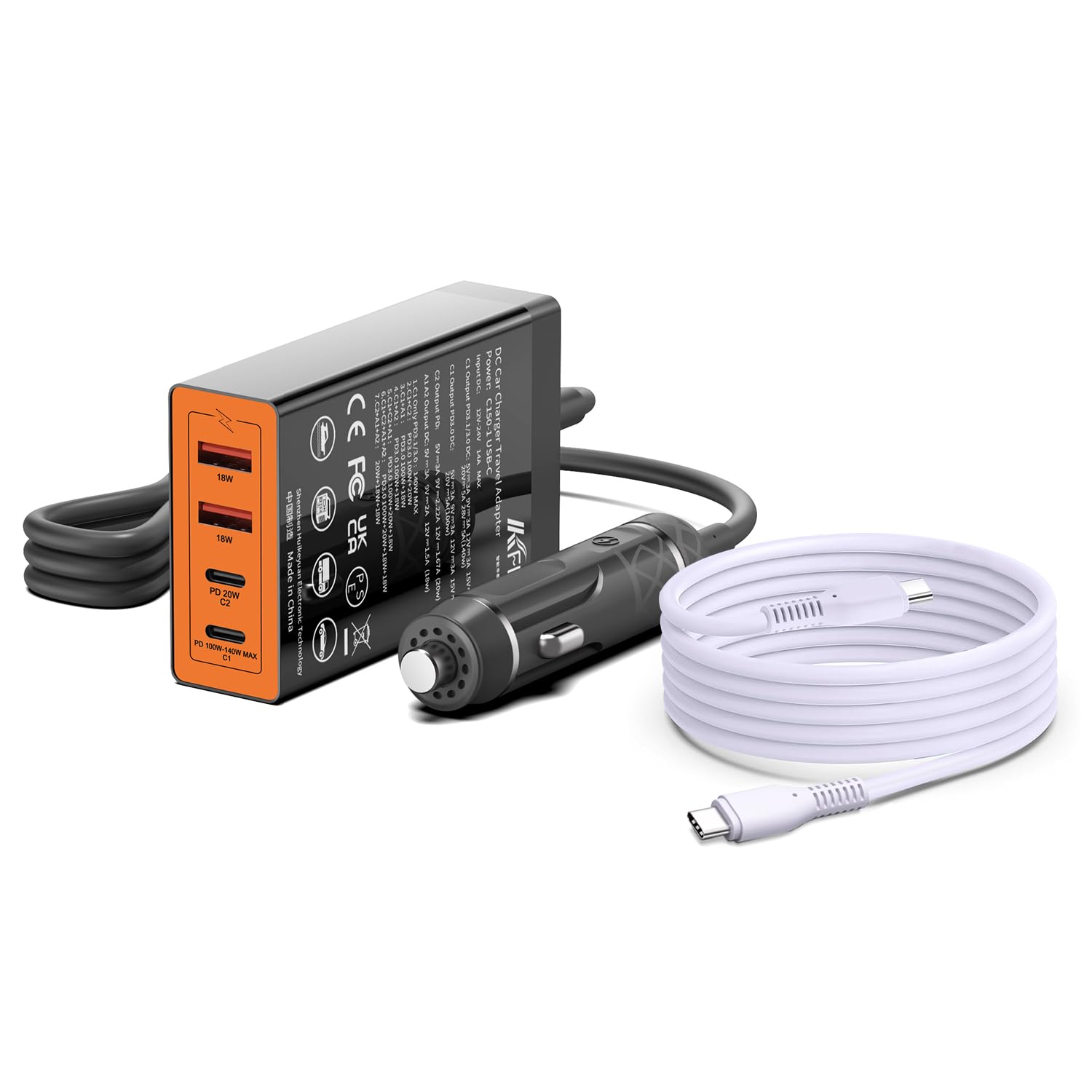 KFD 156W Car Charging Staition,140W USB C Laptop Car Charger,PD3.1&QC3.0 Fast Charging Cigarette Lighter Car USB Charger Multi Port 6.56FT Cable for