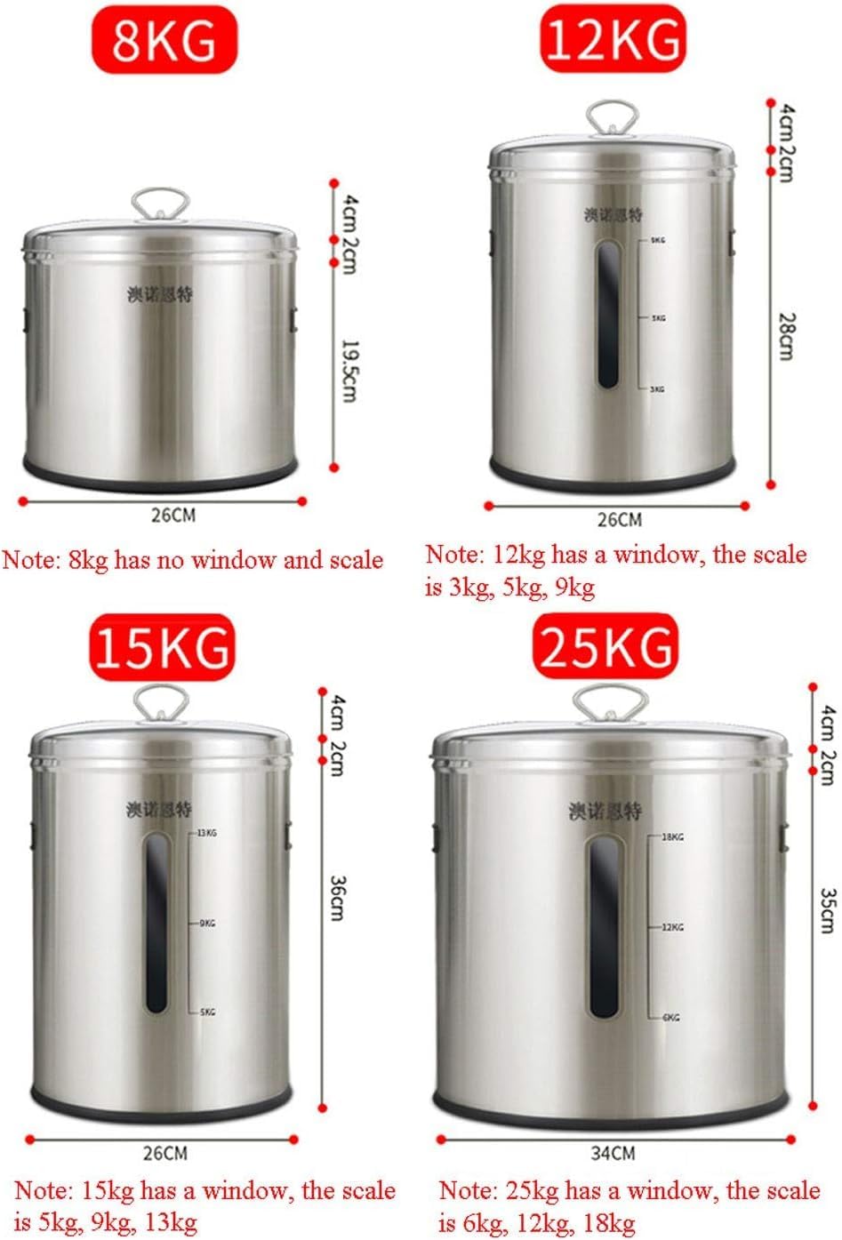 Contenitore per La Conservazione del Riso in Acciaio Inossidabile, Contenitore per Farina E Cereali, Cister in Metallo per Alimenti, Grande Contenitore per Cereali per Distributori di, Black, 25kg