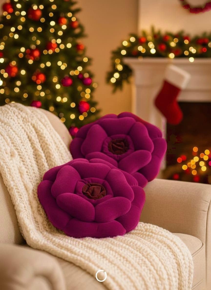 Rose Shape Pair Cushions | Velvet Fabric Throw Pillow | Soft & Plush Sofa Cushions for Living Room, Bedroom, Home Decor | Set of 2 Decorative Pillows (Purple)