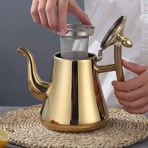 Miniatura 3 de HOKY Hervidor de agua de acero inoxidable 1L1.5L, tetera más gruesa con filtro, tetera de hotel, cafetera de inducción, hervidor de té dorado y