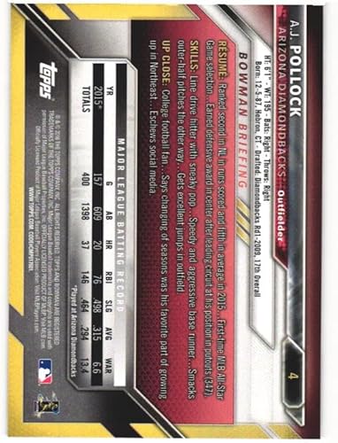 Miniatura 2 de A.J. AJ POLLOCK 2016 Bowman #4 Card San Francisco Giants Baseball