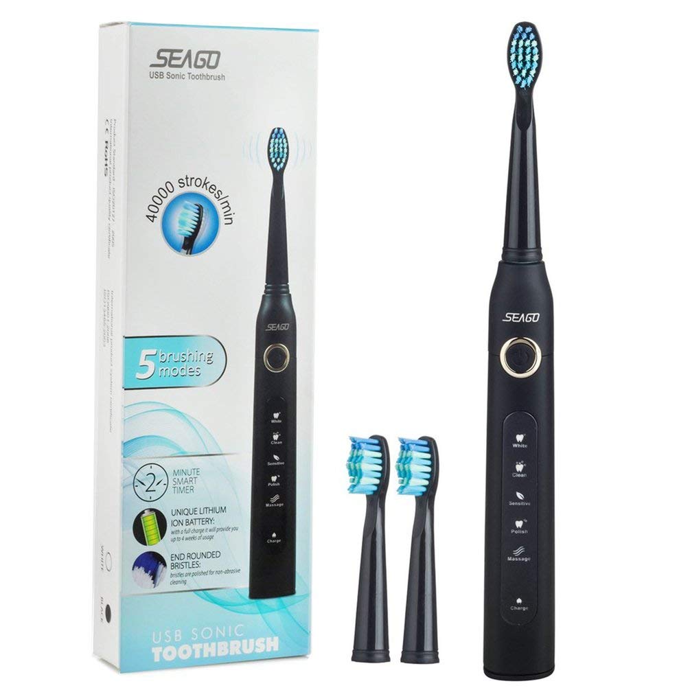 SHUANGCONG Seago SG-507 USB Recargable Cepillo de Dientes eléctrico Resistente al Agua Inteligente Cepillo de Dientes Negro