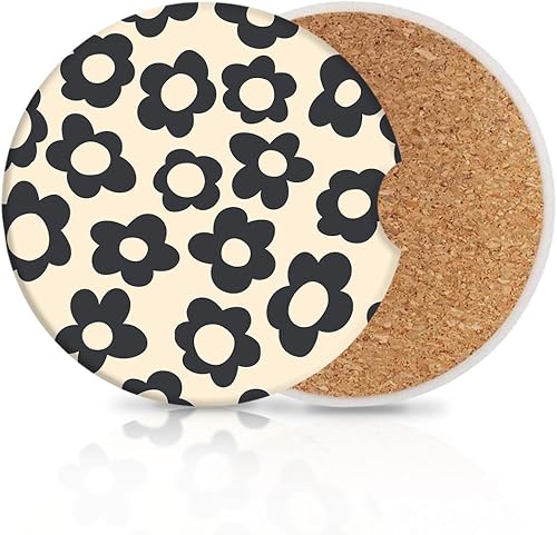 Paquete de 2 posavasos abstractos para automóvil con margaritas negras absorbentes de 2.56 pulgadas, estilo vintage hippy de los años 70, diseño