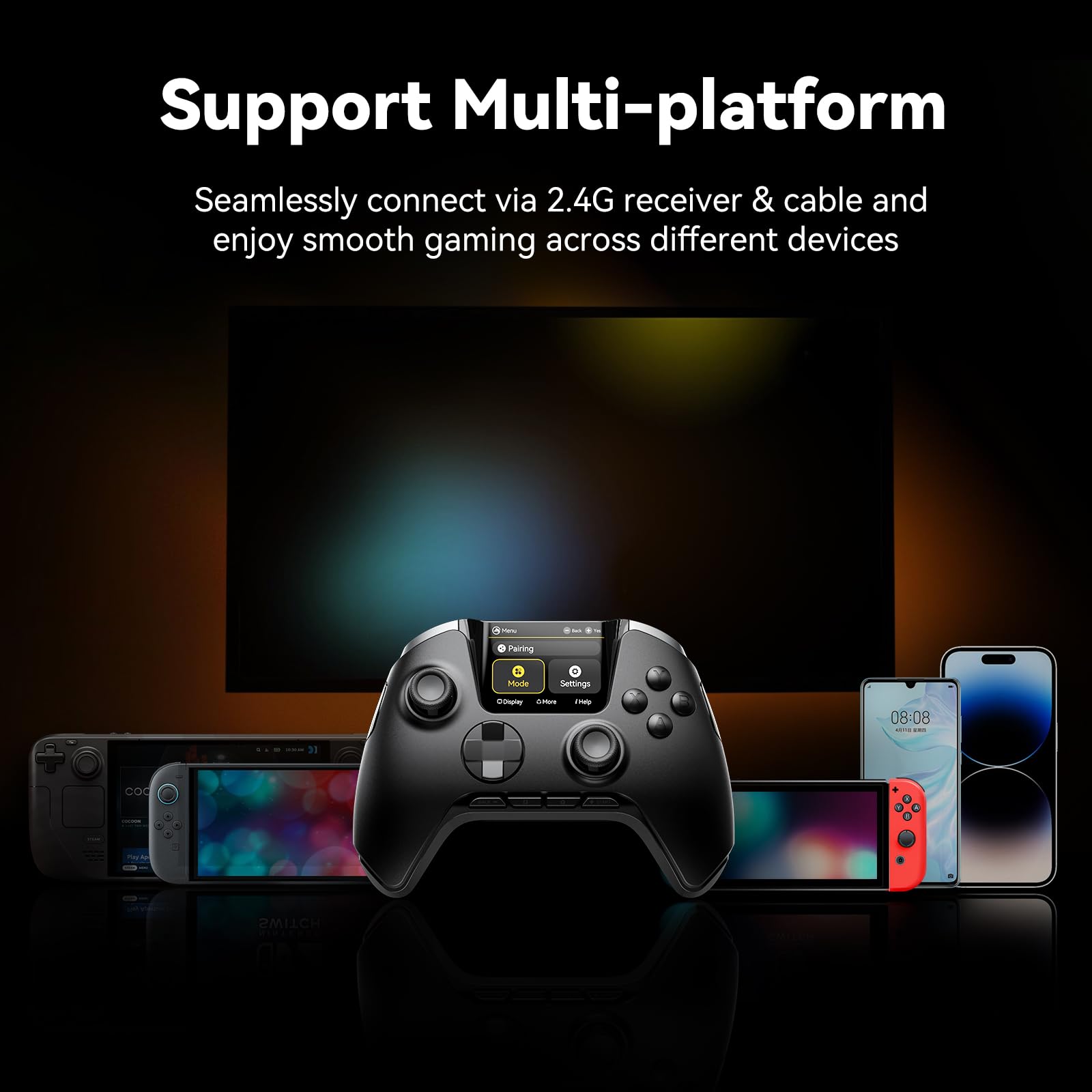 MANBA One V2 Mando Inalámbrico con Pantalla Interactiva Integrada (Negro) | Compatible con PC/Switch/iOS/Android, Hall Joystick/Gatillo, RGB, Macros, Batería 1800 mAh, Base de Carga