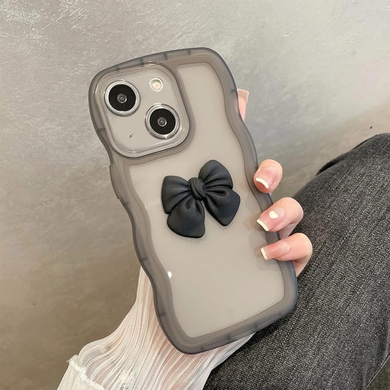 Image of ZR015 for iPhone 14 Back Case Cover | Wave Edge Bow Slim Fit | Camera Protection | Shockproof TPU Case - Black