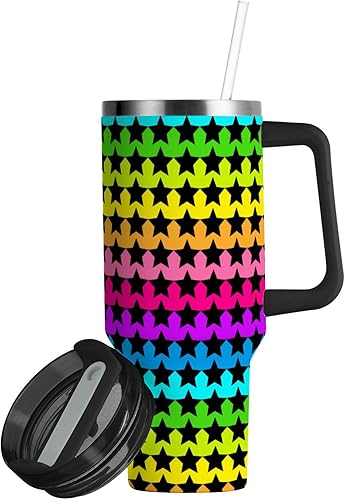 Miniatura 2 de Tiras de neón coloridas estrellas negras reutilizables al vacío aisladas al vacío tazas de café con tapa de pajilla, taza de café grande decorativa